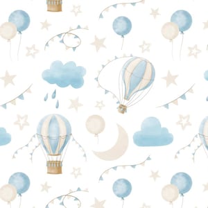 May include: A repeating watercolour pattern with hot air balloons, balloons, clouds, stars, and bunting in blue, beige, and white. The design is set against a white background, creating a whimsical and dreamy aesthetic.