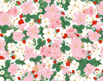 Fresh Strawberry Fabric Strawberry Flower Pattern Cotton Fabric By The Half Yard