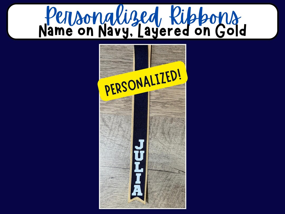 Personalized Name Ribbon Navy White Gold for Button Addon, Great for