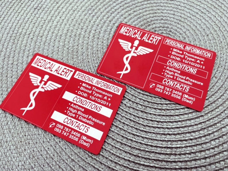 Personalised Medical Alert Card Medic Alert Personalised Card Medical