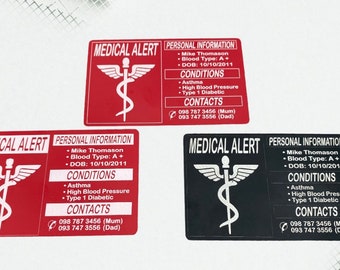 Personalised  Medical alert card Medic Alert personalised card  Medical alert emergency contact card Insert Medical ID card Wallet ICE card