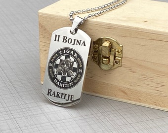 Military army brigade insignia Personalised military dog tag, laser engraved emblem, Pume, Tigrovi, Croatian flag, pendant necklace chain