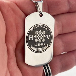 HOS laser engraved army emblem, Croatian army brigade insignia, personalised military dog tag, pendant necklace chain, hrvatska vojska, HOS