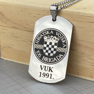 Military army brigade insignia, Personalised military dog tag, laser engraved, Pume, Tigrovi, Gromovi, pendant with chain, Hrvatska Vojska