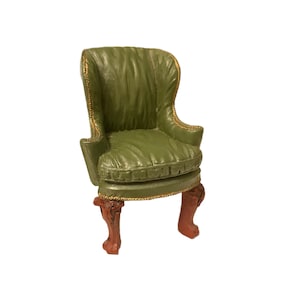 Vintage Artisan Dollhouse Miniature Green Wingback Dining Room Chair 4&quot; tall/Arm Chair/Victorian painted Ornate/resin/scale 1:12
