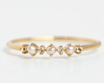 Pearl & CZ Diamond Stacking Ring - Sterling Silver June Birthstone