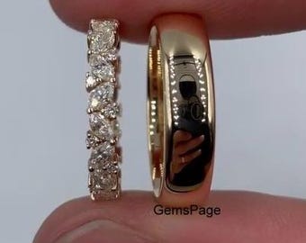 14K Gold Plain Paar Band, volle Ewigkeit mit Cluster Diamant Band, Marquise und rund geschnitten Moissanite Ehering, sein und ihr Versprechen Band