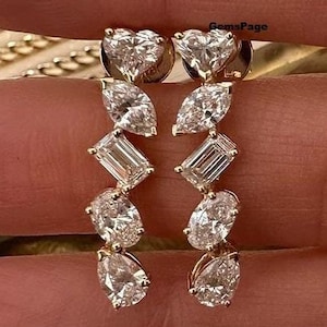 Tilted Style 4.7 TCW Mixed Shape Moissanite Diamond Wedding Earrings For Her, Cluster Diamond Screw Back Earrings, 14K Gold Dangle Earrings