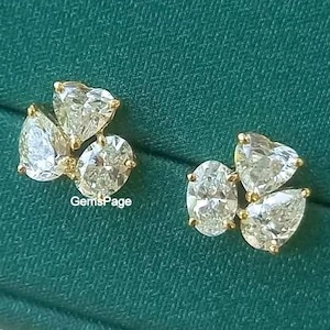 Trilogy Diamant Cluster Ohrstecker, Klassisches 3.4 TCW Herz, Oval, Moissanit Ohrringe im Birnenschliff, 18K Gelbgold Ohrringe, Jubiläumsgeschenk