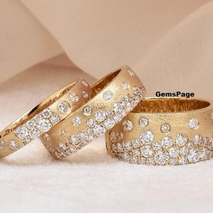 Round Cut Moissanite Wedding Band, Scattered Diamond Stunning Cigar Band, 14K Gold Satin Finish Band, Flush Set Diamond Half Eternity Band