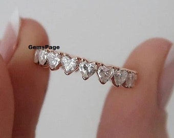 Symbol Of Love 3.0 MM Heart Cut Colorless Moissanite Diamond Band, Full Eternity Matching Diamond Wedding Band, 14K Rose Gold Band For Women