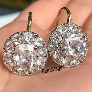 Gorgeous 7.0MM Cushion Cut Moissanite Diamond Bridal Earrings With Halo, Dangle Drop  Wedding Earrings, 18K Two Tone Gold Leverback Earrings
