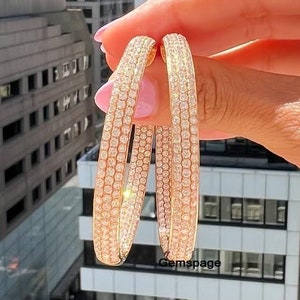 14K Solid Rose Gold Big Hoop Earring, Three Row Micro Pave Set Moissanite Diamond Clip-on Lock Earring for Bridal, Bridesmaid Earrings