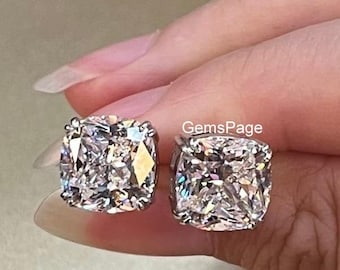 Pendientes de botón con doble engarce de garra, moissanita de corte cojín de 9 mm para uso diario, pendientes de diamante solitario para mujer en oro de 10 quilates, cierre de rosca.