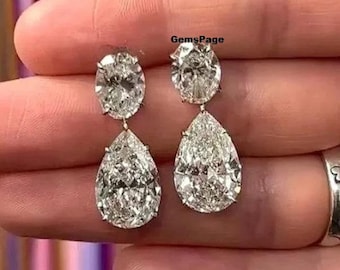 16.00 TCW Oval & Pear Cut Moissanite Diamond Engagement Earrings, Dazzling Dangling Earrings With Screw Back, 14K White Gold Bridal Earrings