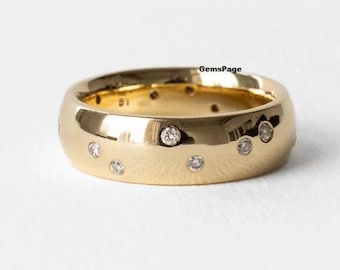 Stunning Scattered Diamond Wedding Band, 0.50 TCW Round Cut Colorless Moissanite Wide Dome Band For Women, Flush Set Band In 14K Yellow Gold