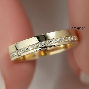 1.60 mm Round Cut Moissanite Diamond Full Eternity Band, 14k Yellow Gold Band Flush Set Band, One Side Pave Edge Wedding Band, Gift For Her