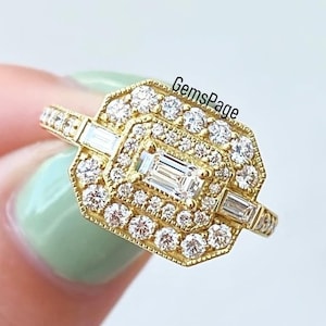 Horizontal 5x4 MM Emerald Cut Moissanite Wedding Ring With Baguette Side Diamond, Art Deco Ring With Dazzling Double Halo In 18K Yellow Gold