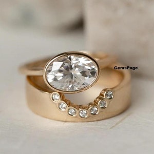 2.50 CT Oval Cut Horizontal Bezel Set Moissanite Diamond Ring, With Wide Cigar Diamond Band, Modern Bridal Wedding Ring Set, 14k Yellow Gold