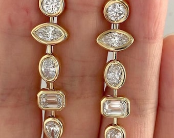 Mixed Shape Moissanite Dangle Earrings, Horizontal Diamond Wedding Earrings, Bezel Set Women&#39;s Earrings, 10K Yellow Gold Screw Back Earrings