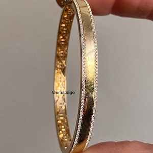 Double Row Diamond Bangle, 14K Solid Yellow Gold Bangle, 1.20MM Round Cut Lab Grown Diamond Bnagle Sparkling Small Moissanite Diamond Bangle