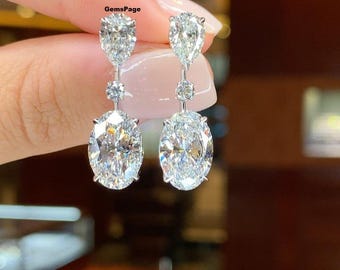 Perfect 16.40 TCW Pear, Round And Oval Cut Moissanite Diamond Dangle Earrings For Your Love, Three Stone Wedding Earrings In 10K White Gold