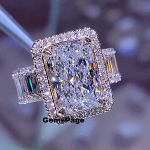 Luxurious 5.50CT Radiant Cut Moissanite Ring With Halo, On Side Baguette And Round Diamond Pave Set Wedding Ring, 10K White Gold Bridal Ring