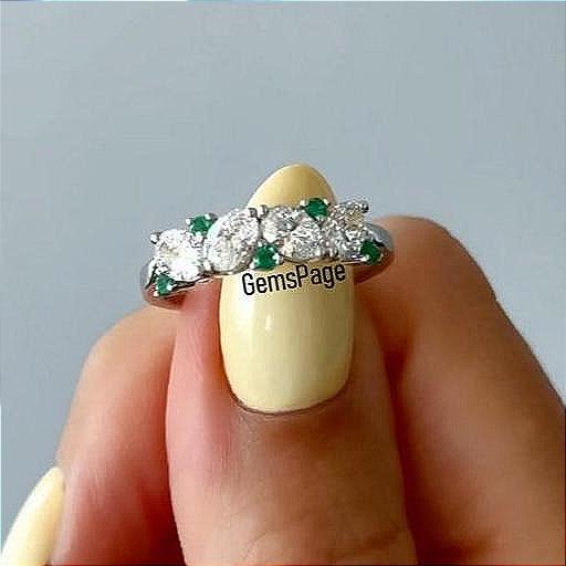 May Birthstone Band, Stylish Cluster 5x4 MM Oval Diamond Wedding Band With Round Cut Green Emerald Gemstone, 14K White Gold Women's Band