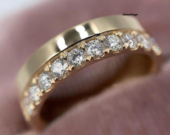 Half Eternity Comfort Fit Band, One Side Edge Pave Set Diamond Band, 2.50 MM Round Cut Moissanite Wedding Band, 14K Yellow Gold Women&#39;s Band