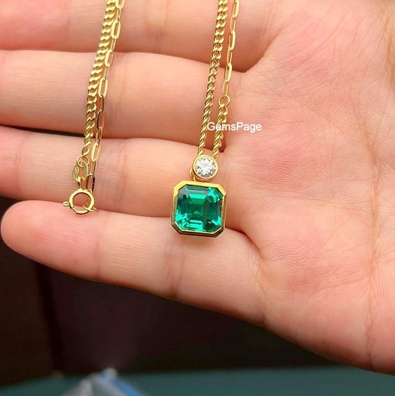 Two Stone Pendant for Women, Bezel Set 8MM Asscher Cut Green