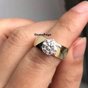 8MM Round Cut Colorless Moissanite Engagement Ring, Stunning Single Diamond Wide Band Ring For The Bride, 14K Solid Gold Ring, Birthday Gift