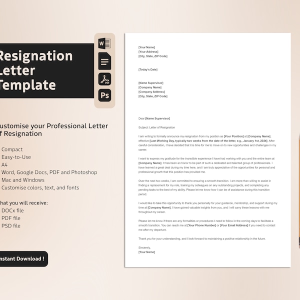 Resignation Letter Template, Modern and Simple, Google Docs, Word, PDF, Professional Letter of Resignation Template