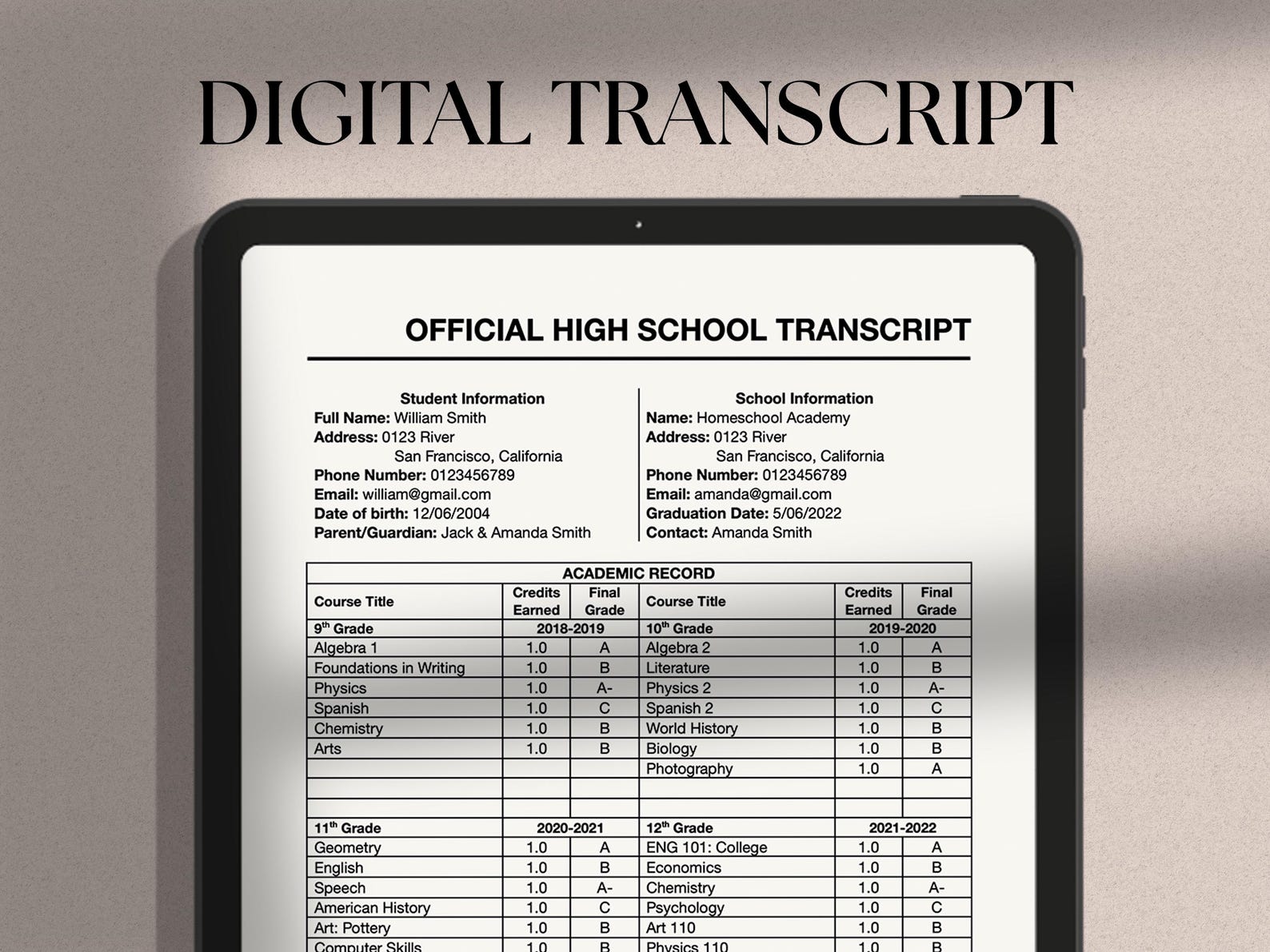 Printable High School Transcript Template, Homeschool Transcript ...