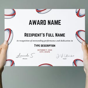 Modèle personnalisable de certificat de récompense de rugby, récompense sportive imprimable, modification sur toile, récompense de participation au football, cérémonie sportive