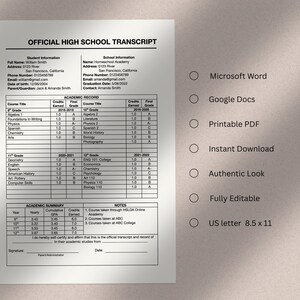 Printable High School Transcript Template, Homeschool Transcript ...