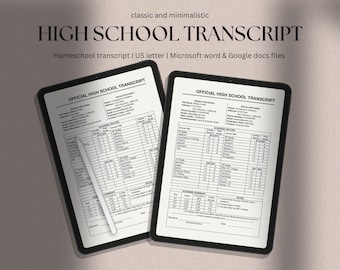 Printable High School Transcript template, homeschool transcript template docs, MS Word, school grades, record, simple and easy to edit