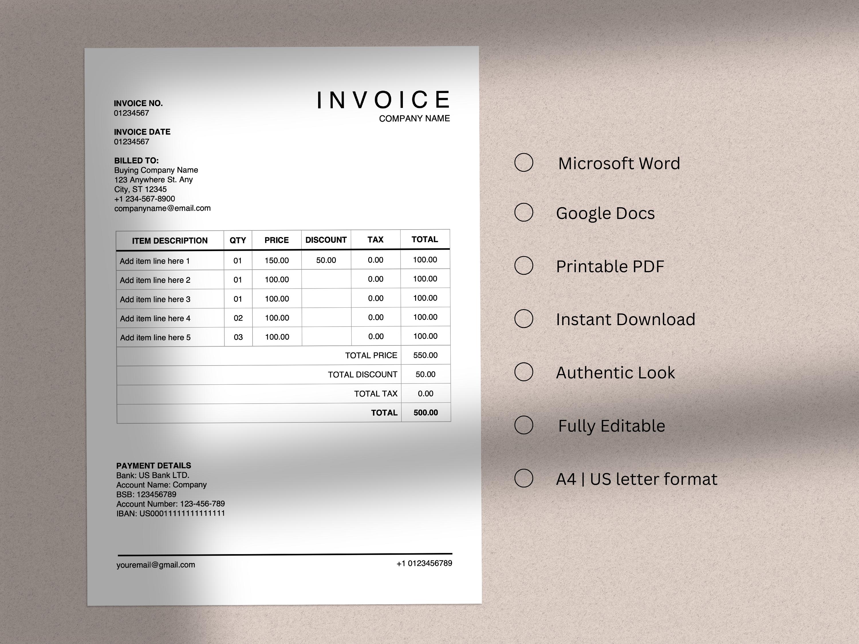 Simple Invoice Template, Professional Invoice , Microsoft Word and ...