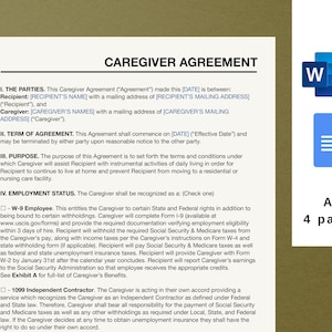 Plantilla simple de acuerdo de cuidado, contrato de servicio editable en MS Word, contrato de atención médica domiciliaria, acuerdo de atención a personas mayores