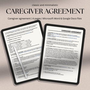 Caregiver Agreement doc simple template, MS Word editable service contract, home health care business contract, senior care agreement