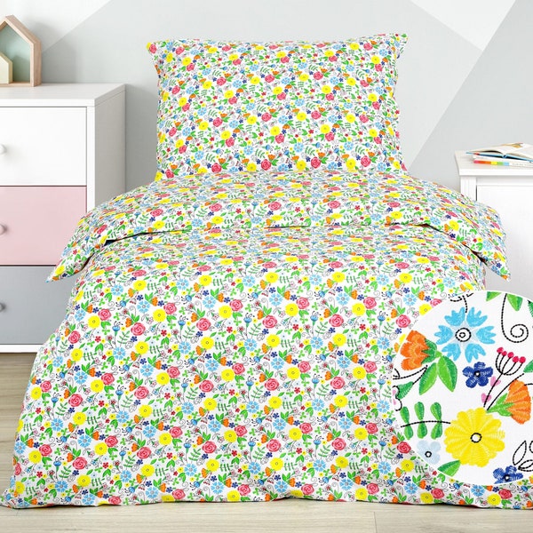 Parure de lit pour enfant - Fleurs colorées - Housse de couette (140 x 200 cm) + taie d'oreiller (70 x 90 cm)