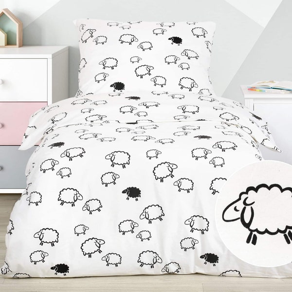 LINGE DE LIT en coton pour enfants - Mouton - Housse de couette (140x200 cm) et taie d'oreiller (70x90 cm), Blanc, Vert, Noir