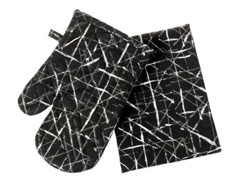 Mitaines / Maniques de cuisine design + SERVIETTE DE BAIN Kanafas - Lignes sur fond noir