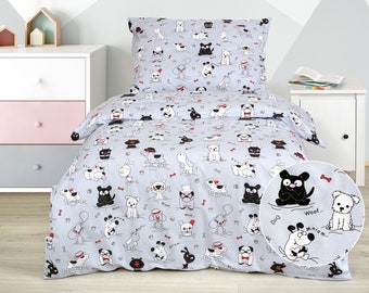 Graue BAUMWOLLE Bettwäsche - Hunde mit Knochen - (Bettbezug 140x200 cm + Kissenbezug 70x90 cm)