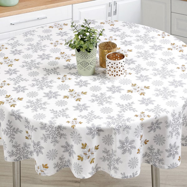 Nappe de Noël en coton blanche - Flocons de neige gris et dorés - Rectangulaire, rond, carré