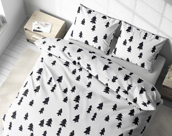 White Christmas Bed Linen with Black Trees, Duvet Cover with Pillowcase, Single EU sizes