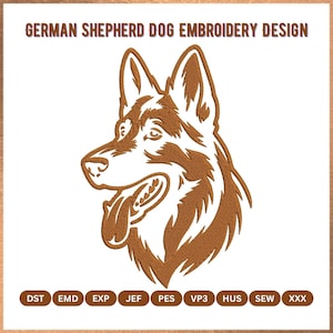 German Shepherd Dog Face Line Art Embroidery Design Files, Brown Dog Machine Embroidery, Pet Head Line Stitch Pattern, 3 Sizes and 9 Formats