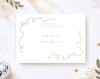 May include: A white spiral-bound guest book featuring light green ribbon illustrations on the corners. The text reads: MESSAGES FOR OUR BEAUTIFUL BRIDE-TO-BE, Emily's hen party, and 01.08.26. The cover has a clean, minimalist design with thin lines.