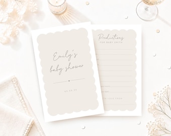 May include: Two beige scalloped-edge cards for a baby shower. The first card features the text Emily's baby shower and the date 05.09.24. The second card is titled Predictions for Baby Smith with blank lines for writing and the text With love from.