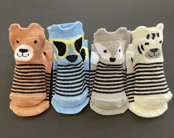 4 Pairs Animal Character Striped Socks Baby Boy Blue Brown Grey White Black 100% Cotton 0-6 Months Gift Newborn