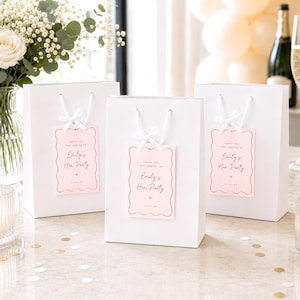 Hen Do Party Gift Bags and Tags with Ribbons, Survival Kits, Thank you Favours, Bridal Shower Guest Keepsakes, Pink Wavy Border, RP1H